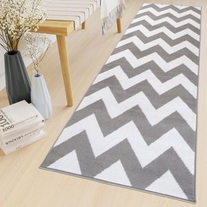 Tapiso Luxury Tapijtloper Grijs Wit Zigzag Gang Woonkamer Vloerkleed Maat- 100x1100