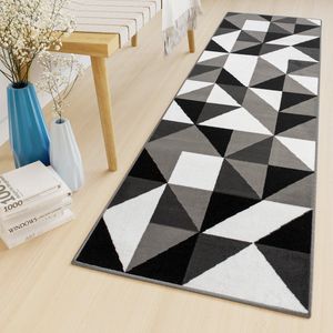 Tapiso Luxury Tapijtloper Grijs Zwart Wit Geometrisch Gang Woonkamer Vloerkleed Maat- 80x1150