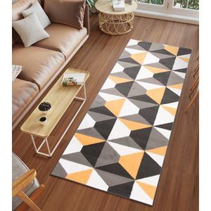 Tapiso Luxury Tapijtloper Grijs Oranje Geometrisch Gang Woonkamer Vloerkleed Maat- 60x300