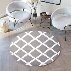 Tapiso Luxury Rond Vloerkleed Geometrisch Wit Grijs Tapijt Maat- 160x160