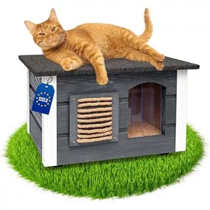 Outdoor kattenhuis met overtrek, weerbestendig houten kattenhuis, kattenhuis voor kleine huisdieren, met overtrek 42 x 51 x 43 cm, grijs