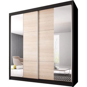 InspireMe- Zweefdeurkast Kledingkast met Spiegel Garderobekast met planken en kledingstang - 233x61x218 cm (BxDxH) - BEN 36 (Zwart)