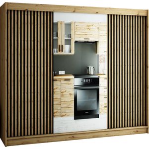 InspireMe - Kledingkast met 3 schuifdeuren, Loft-stijl, Kledingkast met planken (BxHxD): 250x200x62 - MELO II 250 met 4 lades Artisan Eik + Zwart