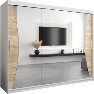 InspireMe - Kledingkast met 3 schuifdeuren, Modern-stijl, Kledingkast met planken (BxHxD): 250x200x62 - MEGRA 250 Wit Mat + Sonoma Eik met 4 lades