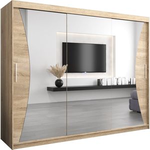 InspireMe - Kledingkast met 3 schuifdeuren, Modern-stijl, Kledingkast met planken (BxHxD): 250x200x62 - MEGRA 250 Sonoma Eik met 4 lades