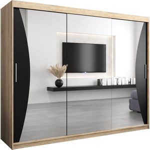 InspireMe - Kledingkast met 3 schuifdeuren, Modern-stijl, Kledingkast met planken (BxHxD): 250x200x62 - MEGRA 250 Sonoma Eik + Zwart Mat
