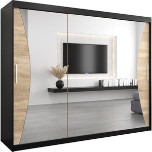 InspireMe - Kledingkast met 3 schuifdeuren, Modern-stijl, Kledingkast met planken (BxHxD): 250x200x62 - MEGRA 250 Zwart Mat + Sonoma Eik met 4 lades