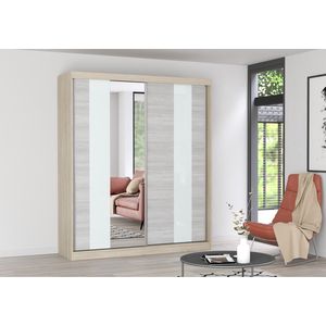 InspireMe- Zweefdeurkast Kledingkast met Spiegel Garderobekast met planken en kledingstang - 183x61x218 cm (BxDxH) - BEN 32 (Sonoma)