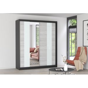 InspireMe- Zweefdeurkast Kledingkast met Spiegel Garderobekast met planken en kledingstang - 183x61x218 cm (BxDxH) - BEN 32 (Zwart)