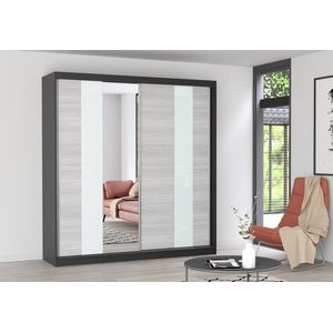 InspireMe- Zweefdeurkast Kledingkast met Spiegel Garderobekast met planken en kledingstang - 203x61x218 cm (BxDxH) - BEN 32 (Zwart)