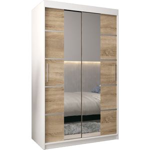 InspireMe - Kledingkast met 2 schuifdeuren, Modern-stijl, Kledingkast met planken (BxHxD): 120x200x62 - VENTILA IV 120 Wit Mat + Sonoma Eik