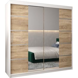 InspireMe - Kledingkast met 2 schuifdeuren, Modern-stijl, Kledingkast met planken (BxHxD): 200x200x62 - VENTILA IV 200 Wit Mat + Sonoma Eik met 4 lades