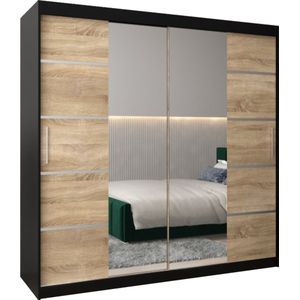 InspireMe - Kledingkast met 2 schuifdeuren, Modern-stijl, Kledingkast met planken (BxHxD): 200x200x62 - VENTILA IV 200 Zwart Mat + Sonoma Eik
