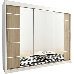 InspireMe - Kledingkast met 3 schuifdeuren, Modern-stijl, Kledingkast met planken (BxHxD): 250x200x62 - VENTILA IV 250 Wit Mat + Sonoma Eik mat 4 lades