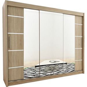 InspireMe - Kledingkast met 3 schuifdeuren, Modern-stijl, Kledingkast met planken (BxHxD): 250x200x62 - VENTILA IV 250 Sonoma Eik mat 4 lades