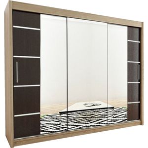 InspireMe - Kledingkast met 3 schuifdeuren, Modern-stijl, Kledingkast met planken (BxHxD): 250x200x62 - VENTILA IV 250 Sonoma Eik + Zwart Mat