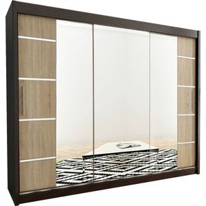 InspireMe - Kledingkast met 3 schuifdeuren, Modern-stijl, Kledingkast met planken (BxHxD): 250x200x62 - VENTILA IV 250 Zwart Mat + Sonoma Eik