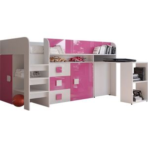 InspireMe - Stapelbed LEDO 1 - Antresola - 90X200 cm - naar de Kinderkamer - Wit + Roze (zonder Matras)