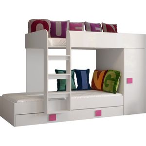 InspireMe - Stapelbed LEDO 2 - Antresola - 90X200 cm - naar de Kinderkamer - Wit + Roze handvatten (zonder Matras)