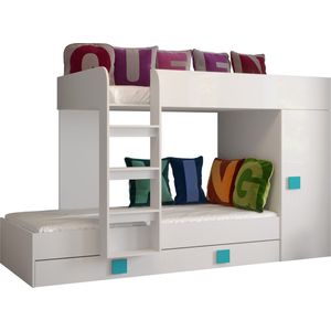 InspireMe - Stapelbed LEDO 2 - Antresola - 90X200 cm - naar de Kinderkamer - Wit + Turkoois handvatten (zonder Matras)