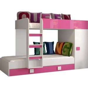 InspireMe - Stapelbed LEDO 2 - Antresola - 90X200 cm - naar de Kinderkamer - Wit + Roze (zonder Matras)