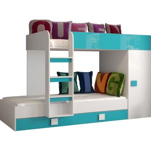 InspireMe - Stapelbed LEDO 2 - Antresola - 90X200 cm - naar de Kinderkamer - Wit + Turkoois (met Matras)