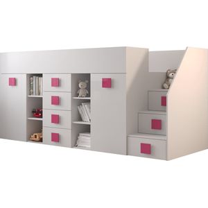 InspireMe - Stapelbed LEDO 3 - Antresola - 90X200 cm - naar de Kinderkamer - Wit + Roze handvatten (met Matras)