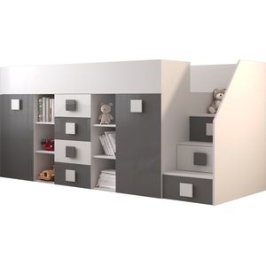 Stapelbed LEDO 3 - Antresola - 90X200 cm - naar de Kinderkamer - Wit + Grijs (met Matras)
