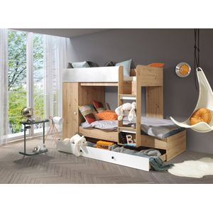 InspireMe - Stapelbed SMARTI 2 - Antresola - 90X200 cm - naar de Kinderkamer - Artisan Eik + Wit (met Matras)