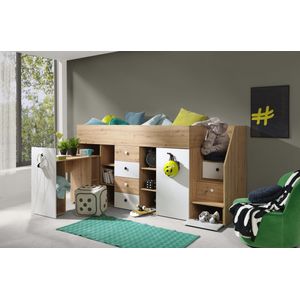 InspireMe - Stapelbed SMARTI 3 - Antresola - 90X200 cm - naar de Kinderkamer - Artisan Eik + Wit (met Matras)