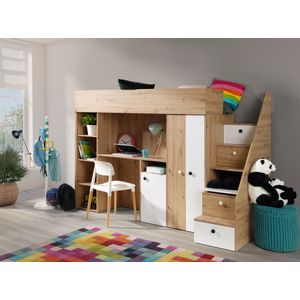 InspireMe - Stapelbed SMARTI 14 - Antresola - 90X200 cm - naar de Kinderkamer - Artisan Eik + Wit (zonder Matras)