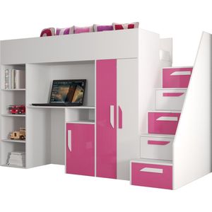 InspireMe - Stapelbed LECKLER 14 - Antresola - 90X200 cm - naar de Kinderkamer - Wit + Roze (zonder Matras)