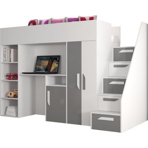 Stapelbed LECKLER 14 - Antresola - 90X200 cm - naar de Kinderkamer - Wit + Grijs (zonder Matras)