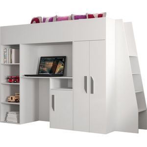 InspireMe - Stapelbed LECKLER 15 - Antresola - 90X200 cm - naar de Kinderkamer - Wit + Grijs handvatten (zonder Matras)