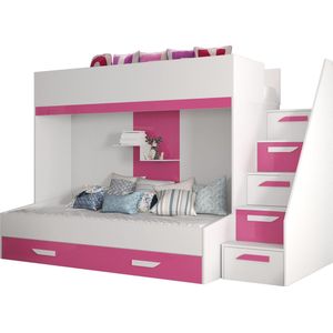 InspireMe - Stapelbed LECKLER 16 - Antresola - 90X200 cm - naar de Kinderkamer - Wit + Roze (zonder Matras)