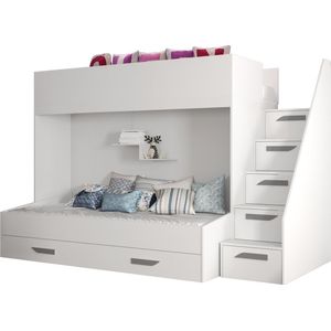 InspireMe - Stapelbed LECKLER 16 - Antresola - 90X200 cm - naar de Kinderkamer - Wit + Grijs handvatten  (zonder Matras)