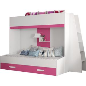 InspireMe - Stapelbed LECKLER 17 - Antresola - 90X200 cm - naar de Kinderkamer - Wit + Roze (zonder Matras)