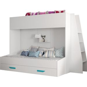 InspireMe - Stapelbed LECKLER 17 - Antresola - 90X200 cm - naar de Kinderkamer - Wit + Turkoois handvatten (zonder Matras)