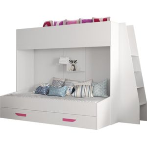 Stapelbed LECKLER 17 - Antresola - 90X200 cm - naar de Kinderkamer - Wit + Roze handvatten (zonder Matras)