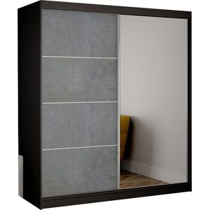 InspireMe - Zweefdeurkast Kledingkast met Spiegel Garderobekast met planken en kledingstang - 183x61x218 cm (BxDxH) - BETON (Zwart)