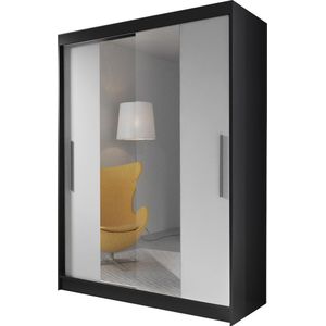 E-MEUBILAIR Zweefdeurkast Kledingkast met Spiegel Garderobekast met planken en kledingstang - 150x61x200 cm (BxDxH) - LARA 01 (Zwart+Wit)
