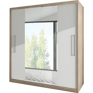 E-MEUBILAIR Zweefdeurkast Kledingkast met Spiegel Garderobekast met planken en kledingstang - 204x58x218 cm (BxDxH) -NICO (Sonoma+Wit)