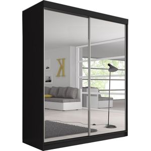 E-MEUBILAIR Zweefdeurkast Kledingkast met Spiegel Garderobekast met planken en kledingstang - 183cm x61x218 cm (BxDxH) -BEN 20 (Zwart)
