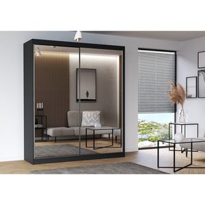 E-MEUBILAIR Zweefdeurkast Kledingkast met Spiegel Garderobekast met planken en kledingstang - 203x61x218 cm (BxDxH) - BEN 12 (Zwart+ Sonoma)