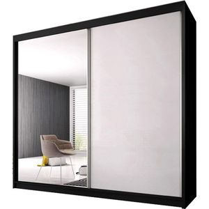E-MEUBILAIR Zweefdeurkast Kledingkast met Spiegel Garderobekast met planken en kledingstang - 233x61x218 cm (BxDxH) - K006 (Zwart)