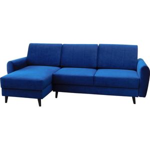 InspireMe - 3-zitsbank van Velvet voor woonkamer,Zithoek hoekbank met slaapfunctie en opbergruimte voor woonkame 240x140x90 cm, 207x142cm -DEILA (Ottomaan vooraanzicht links, Donkerblauw)