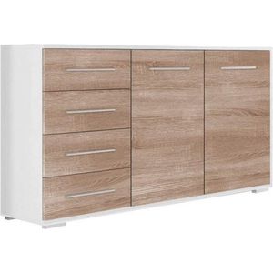 InspireMe- Commode, dressoir lade highboard kast bijzettafel met 2 deuren en 4 lades 135x45x95 cm KOM001 (Wit+Sonoma )