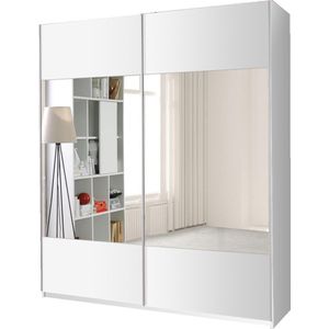 InspireMe-Kledingkast met Spiegel Garderobekast met planken en kledingstang - 2 deuren(175/ 60/211)- BAWARIO (Wit)