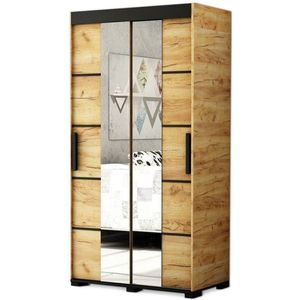 InspireMe- Kledingkast met 2 schuifdeuren, Spiegeldeur, Loft-stijl, Industriële kledingkast, Beukenhout poten Kledingkast met planken (BxHxD): 150,5x195x62 - BERG V4 150 Goud Craft Eik + Zwart