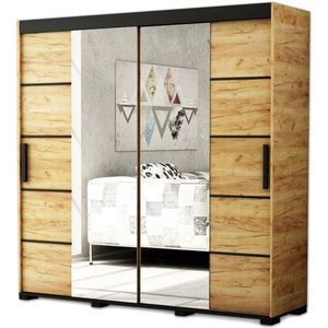 InspireMe- Kledingkast met 2 schuifdeuren, Spiegeldeur, Loft-stijl, Industriële kledingkast, Beukenhout poten Kledingkast met planken (BxHxD): 180,5x195x62 - BERG V4 180 met 4 lades Goud Craft Eik + Zwart